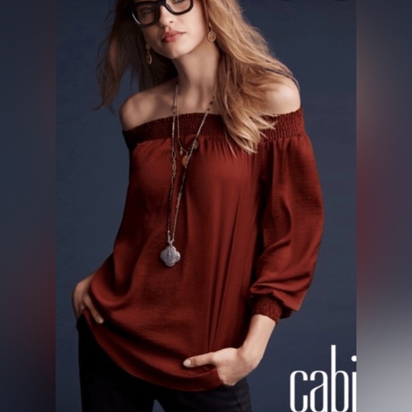 New Cabi Sz M Cooper Foxy Smocked Satin Blouse Off Shoulder - Picture 1 of 8